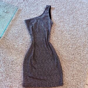 Gray Asymmetrical Ribbed One-Shoulder Cocktail Dress